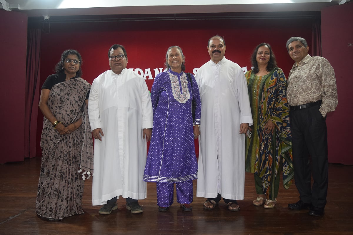 School staff with resource persons: (L-R) Secondary supervisor Nagaprabha, Principal Solomon Rapol,  Shailaja Mulay, Rector James Nigrel, Std X Teacher Seema D'Souza, Dr Harish Shetty.